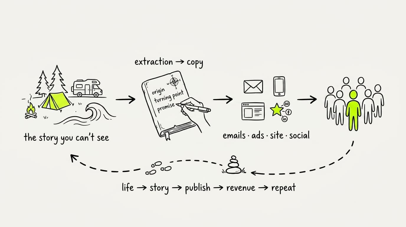 Fieldwork in one sketch. Extract the story you can't see. Install it into every surface (emails, ads, site, social). The audience hands new stories back to you. You publish those. It compounds.